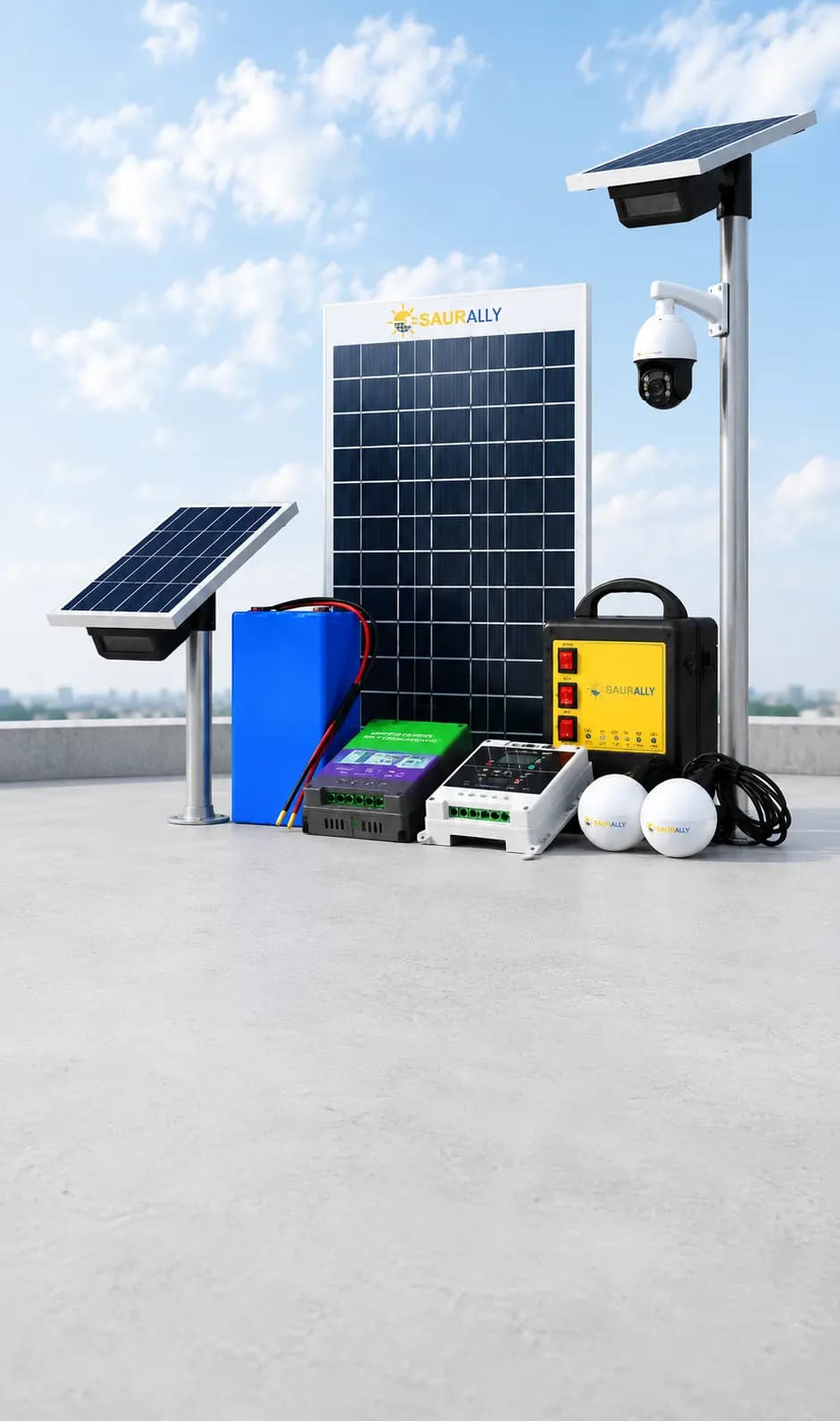 Saurally solar panel, lithium battery, charge controller, security camera and home light system displayed on a rooftop
