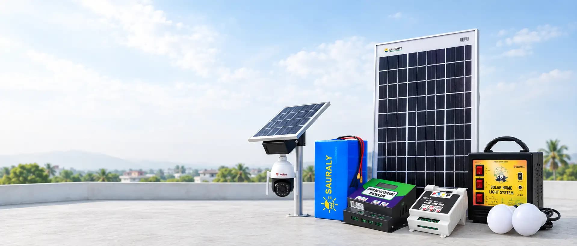 Saurally solar panel, lithium battery, charge controller, security camera and home light system displayed on a rooftop